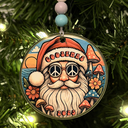Goose Goosemas Hippie Santa Peace Sign Sunglasses Mushrooms Flowers Ocean Waves Metal Holiday Christmas Ornament with Beads with Gift Box 2 Sizes: 2.75" x 2.75" or 3.5" x 3.5"