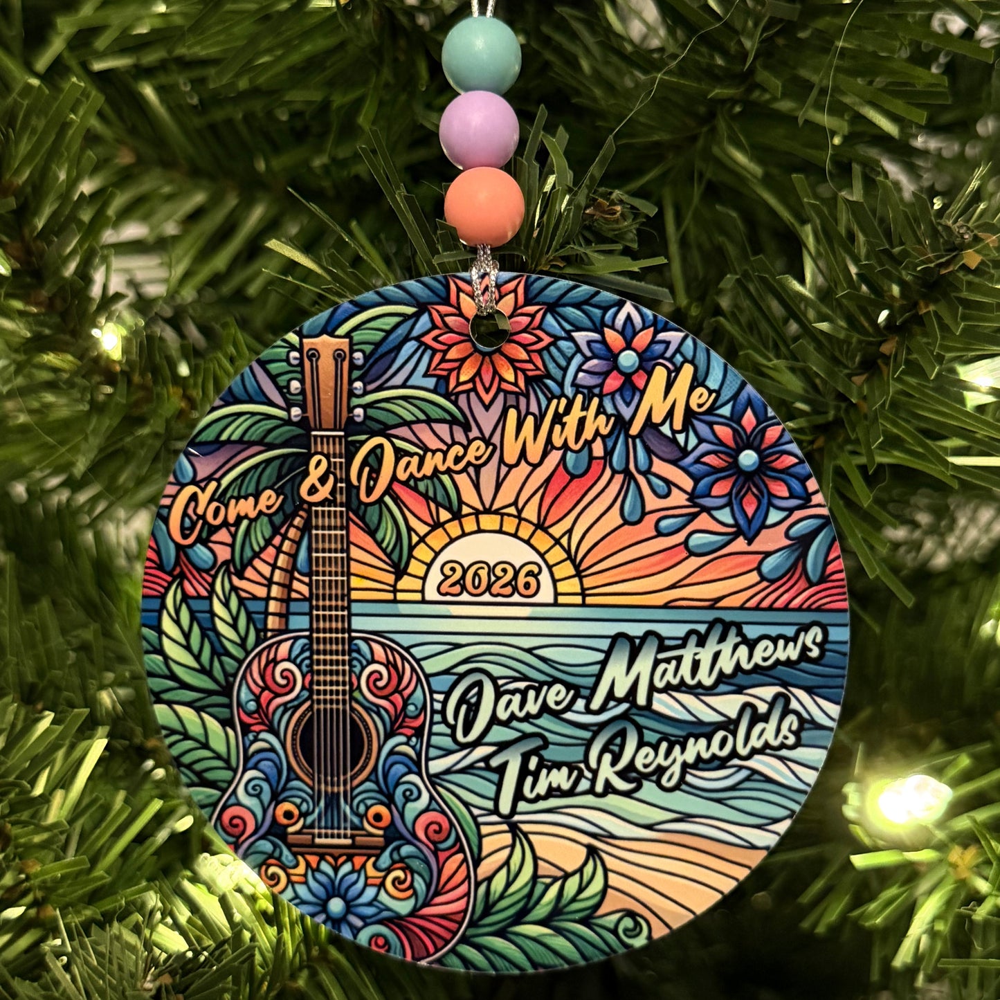 Dave Matthews Tim Reynolds Mexico 2026 Come & Dance With Me Purple Pink Blue Guitar Ocean Sunset Metal Holiday Christmas Ornament with Beads with Gift Box 2 Sizes: 2.75" x 2.75" or 3.5" x 3.5"