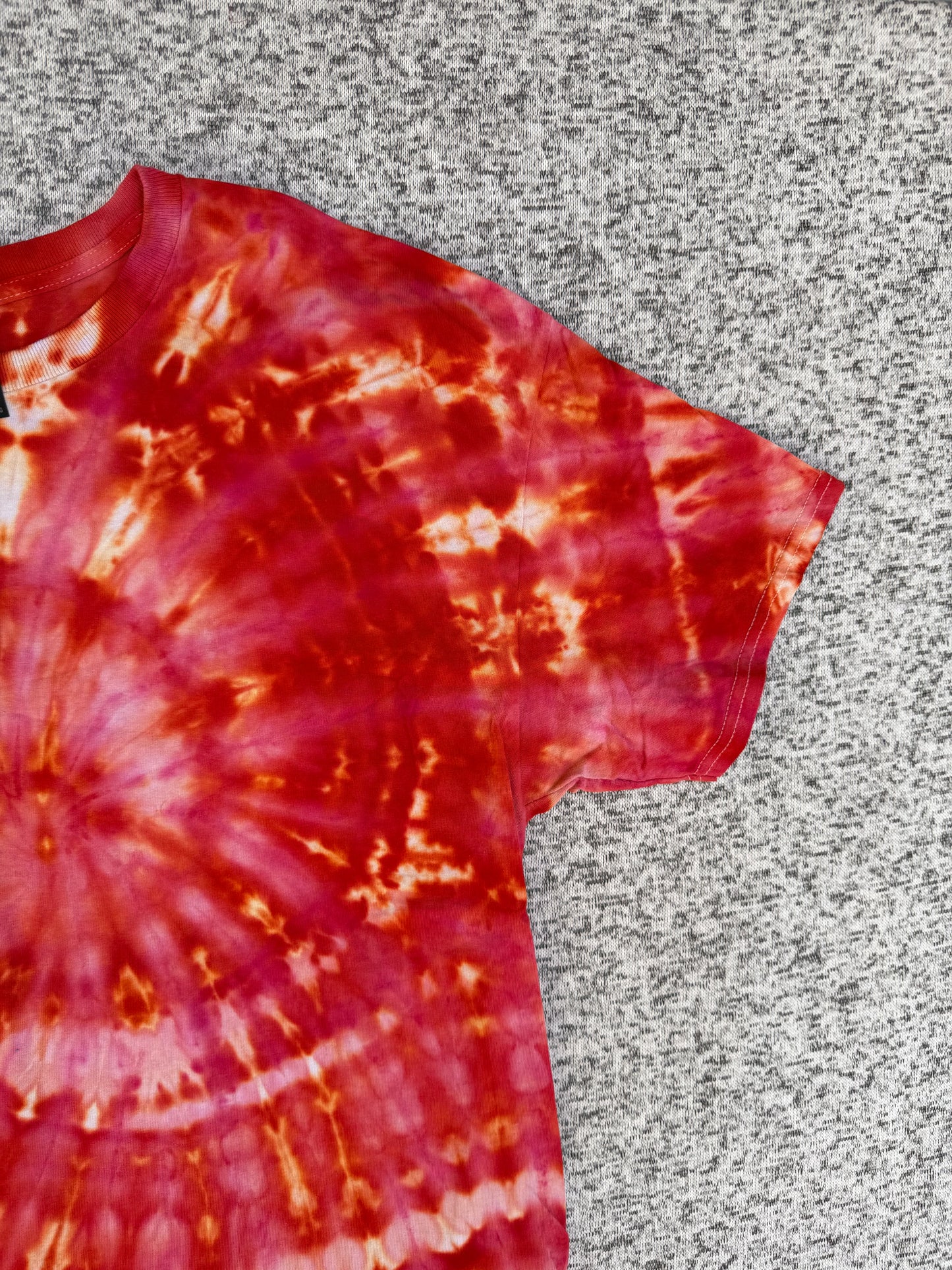 MHD Red Dark Orange Yellow Coral Spiral Ice Dye Tie Dye Short Sleeve Shirt 100% Cotton Size XL