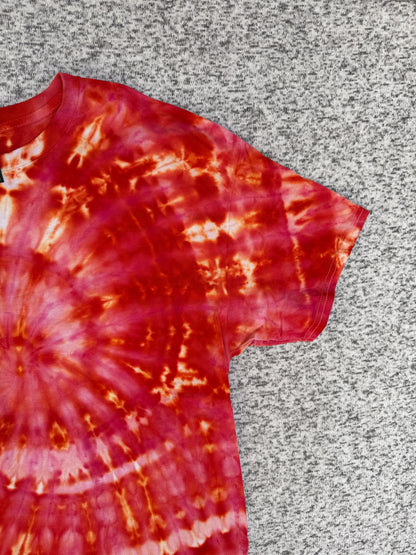 MHD Red Dark Orange Yellow Coral Spiral Ice Dye Tie Dye Short Sleeve Shirt 100% Cotton Size XL