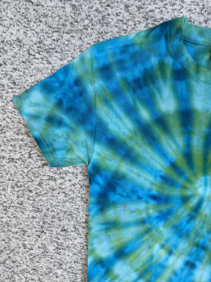 MHD Bright Blue Green Spiral Ice Dye Tie Dye Short Sleeve Shirt 100% Cotton Size Small