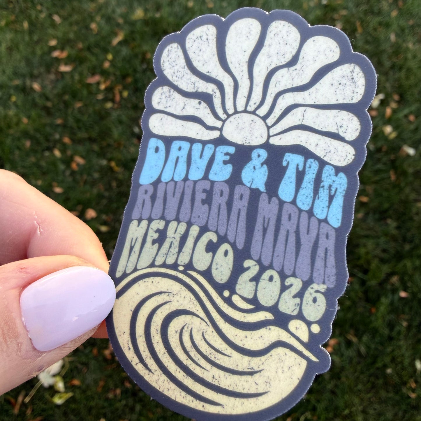 Dave & Tim Riviera Maya Mexico 2026 Sunshine Waves Gray Blue Green Light Yellow Vinyl Sticker Slap 3" x 1.8" Matte Finish