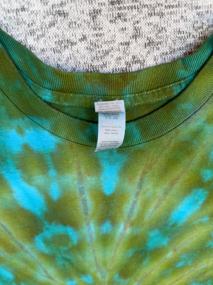 MHD Hunter Green Olive Green Teal Bright Blue Spiral Ice Dye Tie Dye Short Sleeve Shirt 100% Cotton Size XXL
