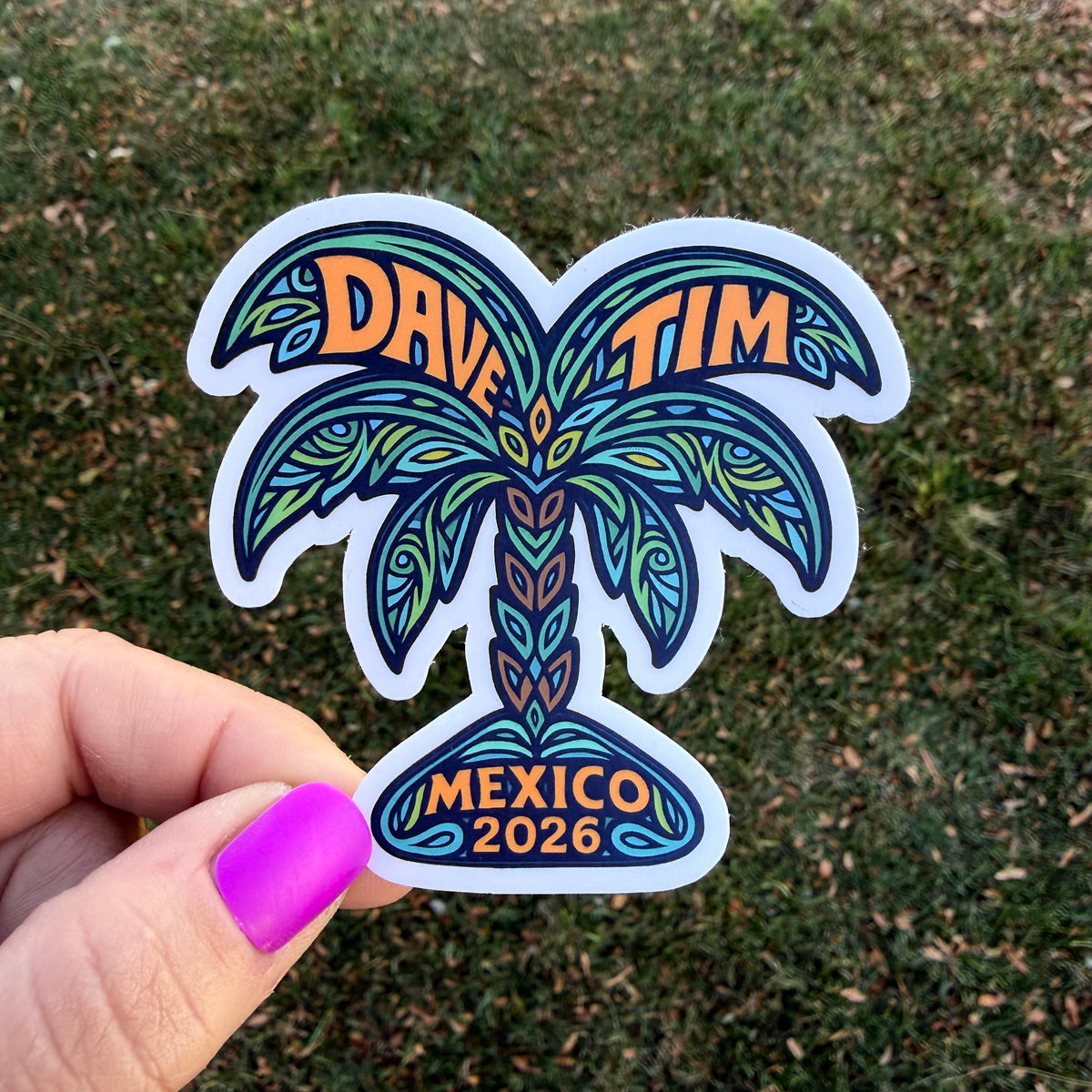 Dave & Tim Mexico 2026 Green Brown Yellow Palm Tree Heart Vinyl Sticker Slap 3" x 2.9" Matte Finish