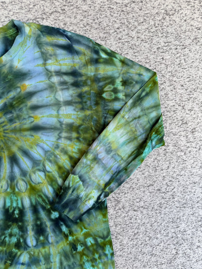 MHD Dark Green Olive Green Navy Blue Spiral Ice Dye Tie Dye Long Sleeve Shirt 100% Cotton Size Large