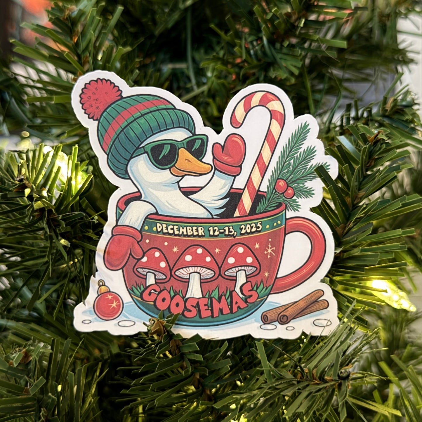 Goose Goosemas December 12-13, 2025 Goose Wearing Winter Beanie Sunglasses Holiday Mug Mushrooms Vinyl Sticker Slap 3" x 3" Matte Finish