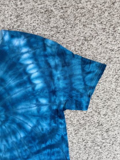 MHD Dark Blue Light Blue Spiral Ice Dye Tie Dye Short Sleeve Shirt 100% Cotton Size Medium
