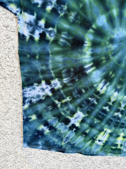 MHD Dark Green Navy Blue Light Green Spiral Ice Dye Tie Dye Short Sleeve Shirt 100% Cotton Size XL