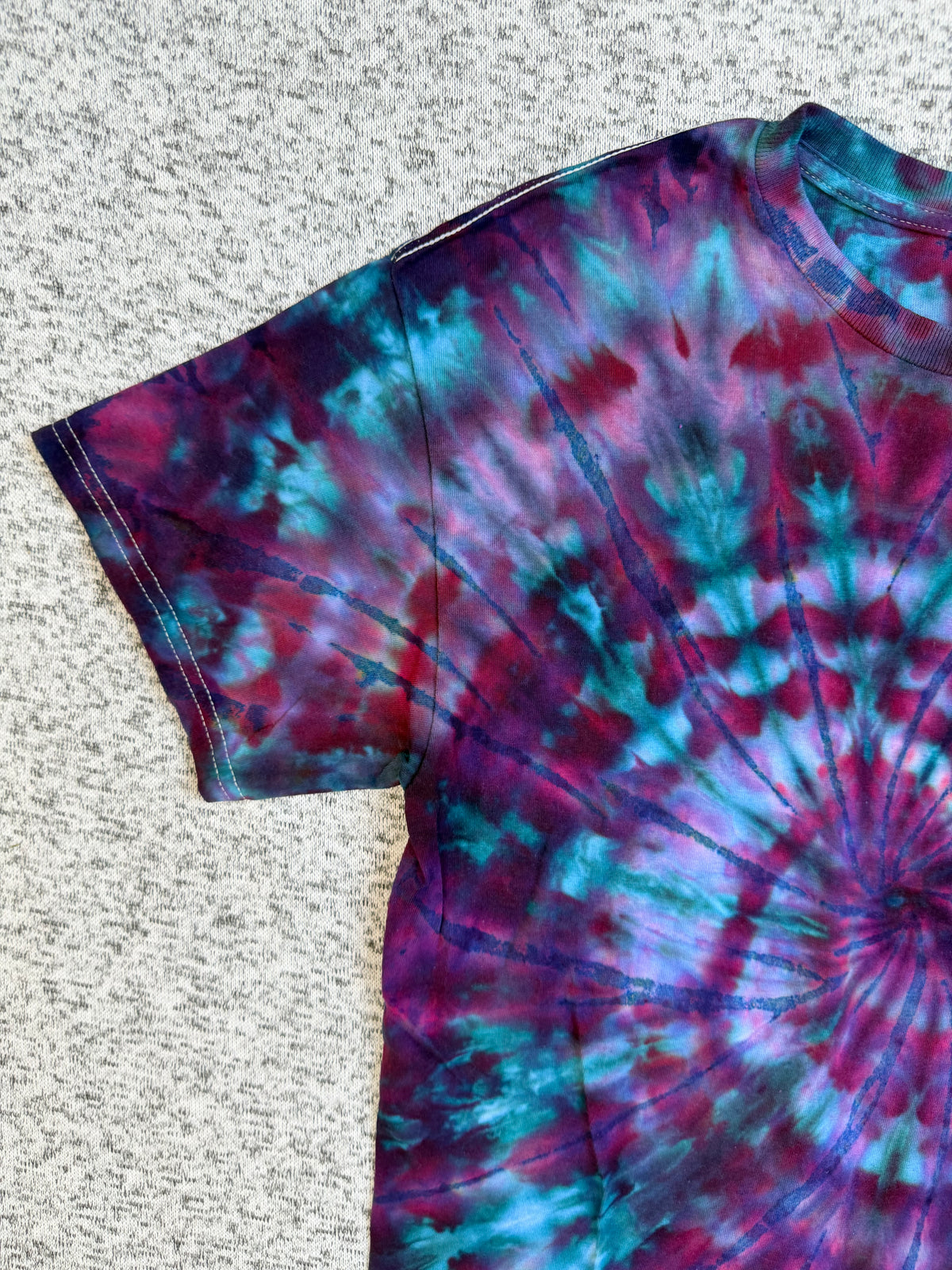MHD Purple Navy Blue Teal Spiral Ice Dye Tie Dye Short Sleeve Shirt 100% Cotton Size Medium
