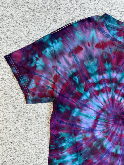 MHD Purple Navy Blue Teal Spiral Ice Dye Tie Dye Short Sleeve Shirt 100% Cotton Size Medium