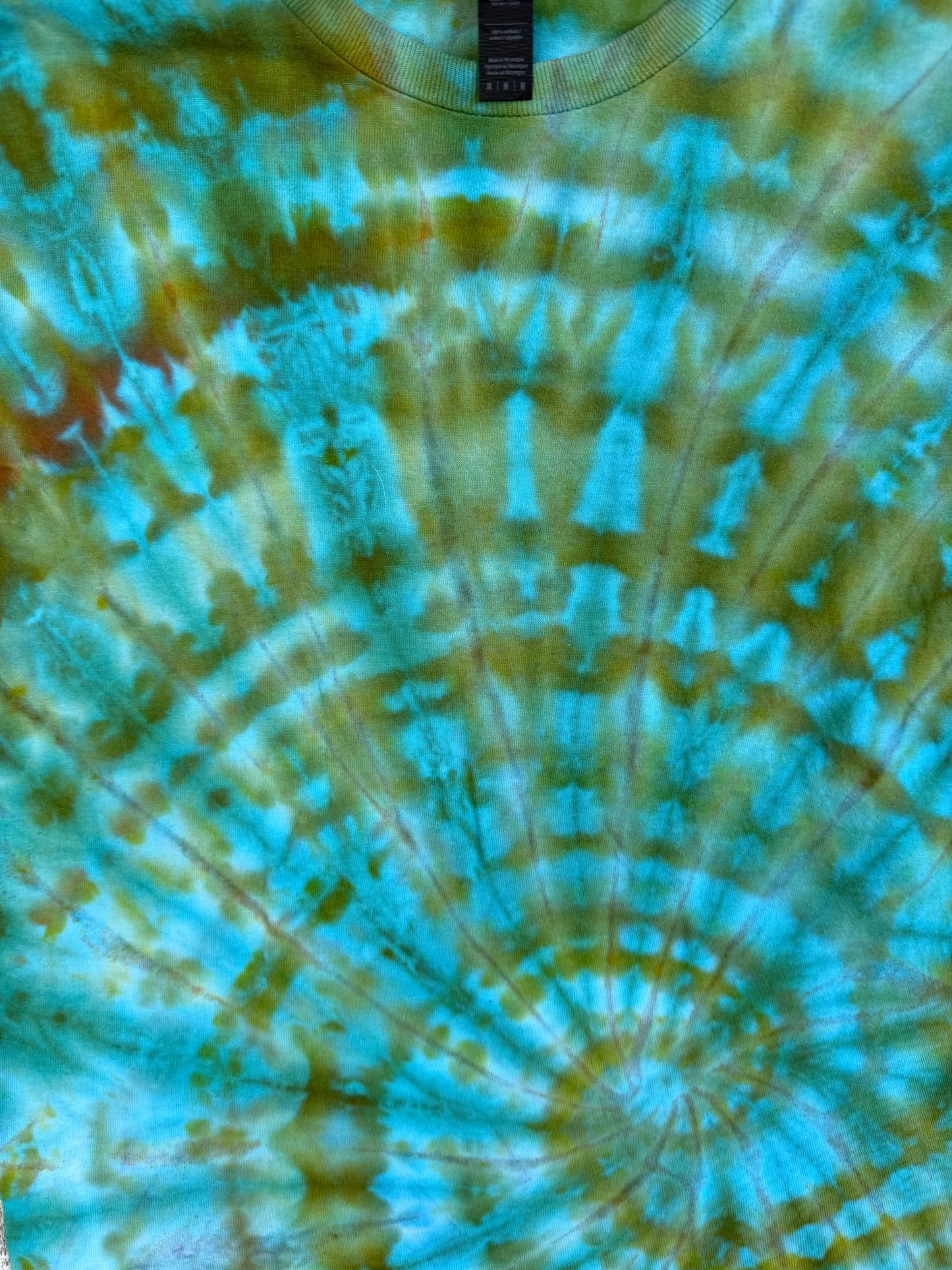 MHD Olive Green Bright Blue Spiral Ice Dye Tie Dye Short Sleeve Shirt 100% Cotton Size Medium