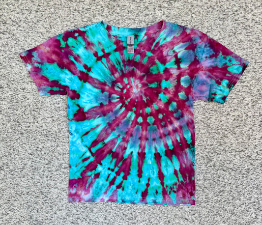 MHD Kids Pink Purple Teal Spiral Ice Dye Tie Dye Short Sleeve Shirt 100% Cotton Size Medium