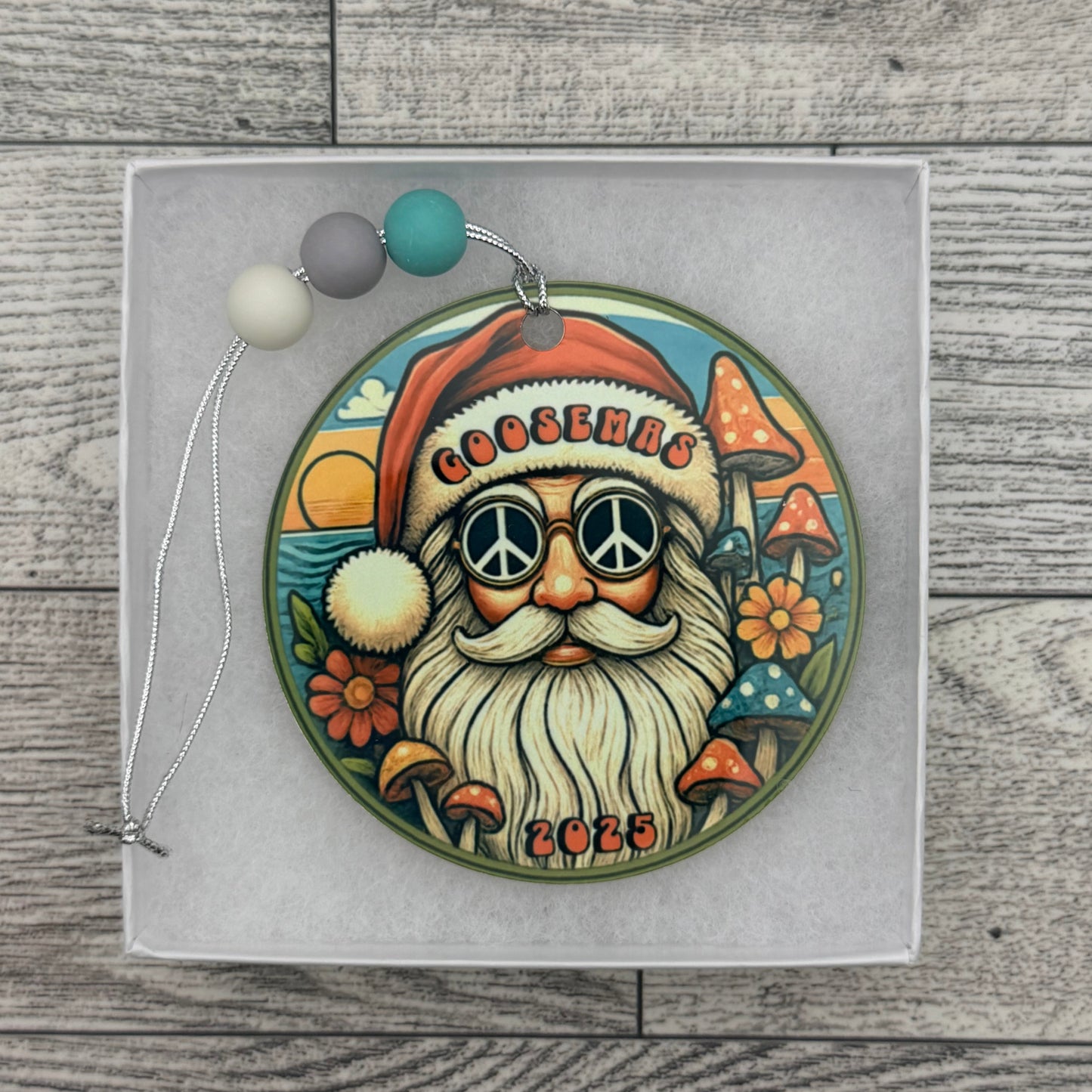 Goose Goosemas Hippie Santa Peace Sign Sunglasses Mushrooms Flowers Ocean Waves Metal Holiday Christmas Ornament with Beads with Gift Box 2 Sizes: 2.75" x 2.75" or 3.5" x 3.5"