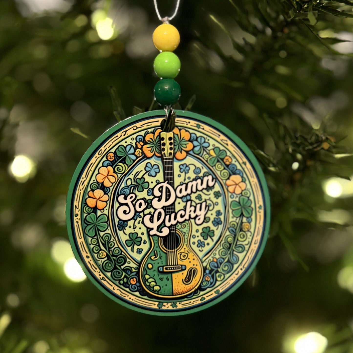 So Damn Lucky Green Yellow Shamrocks Guitar Metal Holiday Christmas Ornament with Beads with Gift Box 2 Sizes: 2.75" x 2.75" or 3.5" x 3.5"
