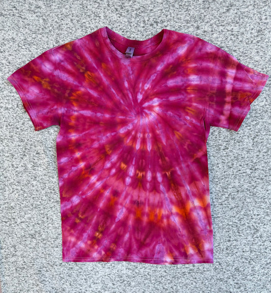 MHD Pink Orange Lavender Spiral Ice Dye Tie Dye Short Sleeve Shirt 100% Cotton Size Medium