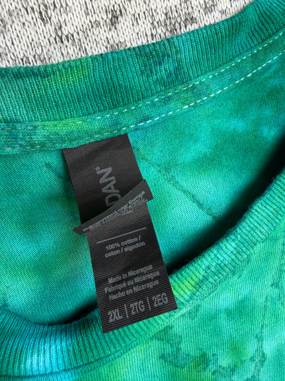MHD Green Navy Blue Light Blue Spiral Ice Dye Tie Dye Short Sleeve Shirt 100% Cotton Size XXL