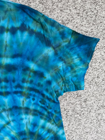 MHD Dark Blue Dark Green Bright Blue Light Green Spiral Ice Dye Tie Dye Short Sleeve Shirt 100% Cotton Size XXL