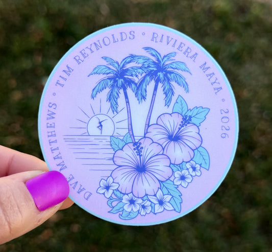 Dave Matthews Tim Reynolds Riviera Maya 2026 Purple Pink Teal Hibiscus Flowers Palm Trees Ocean Sunset Vinyl Sticker Slap 3”x 3” Matte Finish