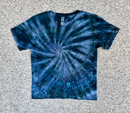 MHD Kids Dark Blue Gray Purple Spiral Ice Dye Tie Dye Short Sleeve Shirt 100% Cotton Size Medium