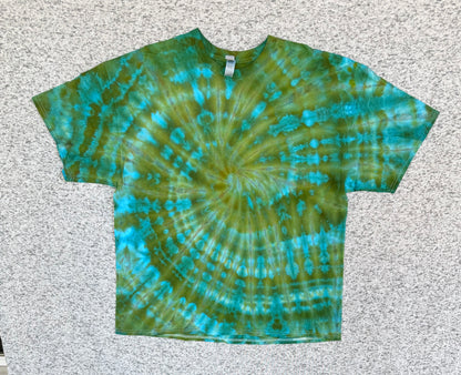 MHD Hunter Green Olive Green Teal Bright Blue Spiral Ice Dye Tie Dye Short Sleeve Shirt 100% Cotton Size XXL