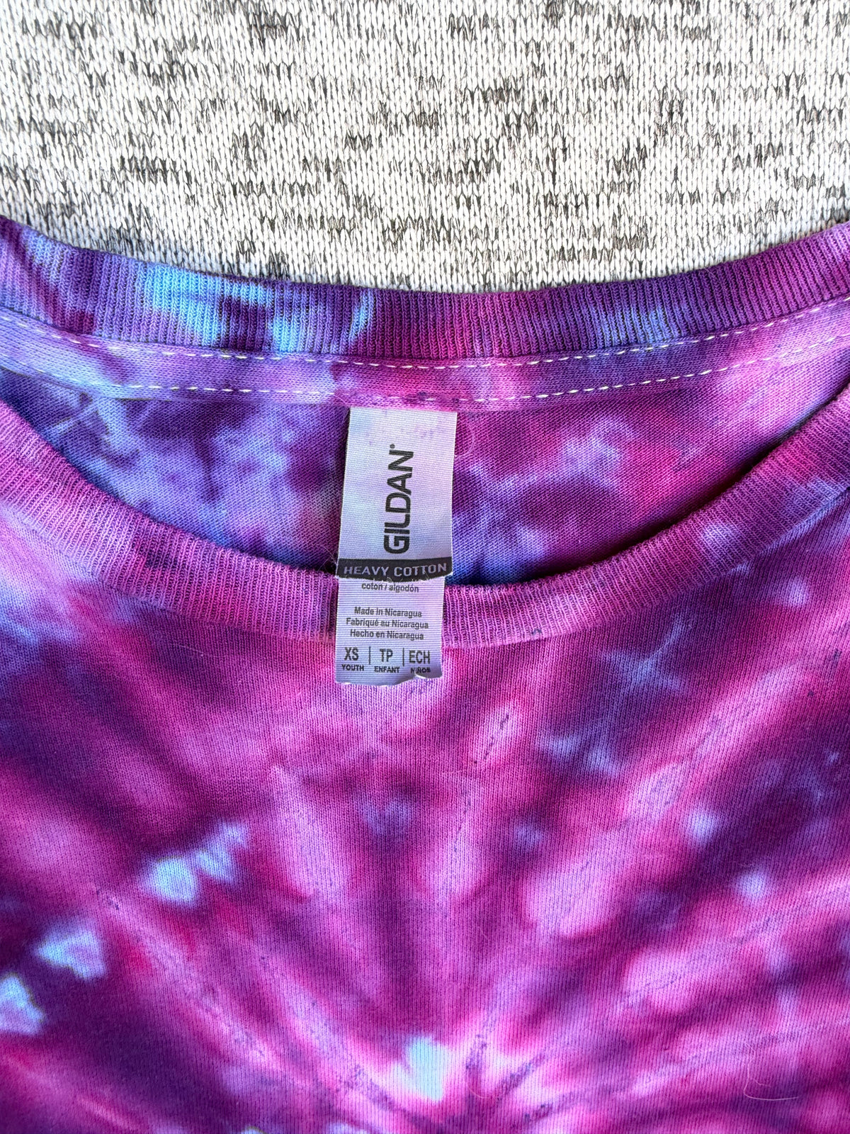MHD Kids Dark Purple Pink Blue Spiral Ice Dye Tie Dye Short Sleeve Shirt 100% Cotton Size XS