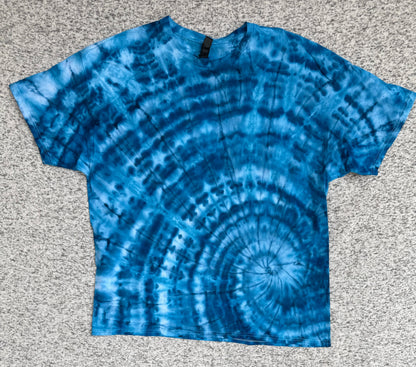 MHD Denim Blue Light Blue White Spiral Ice Dye Tie Dye Short Sleeve Shirt 100% Cotton Size XXL