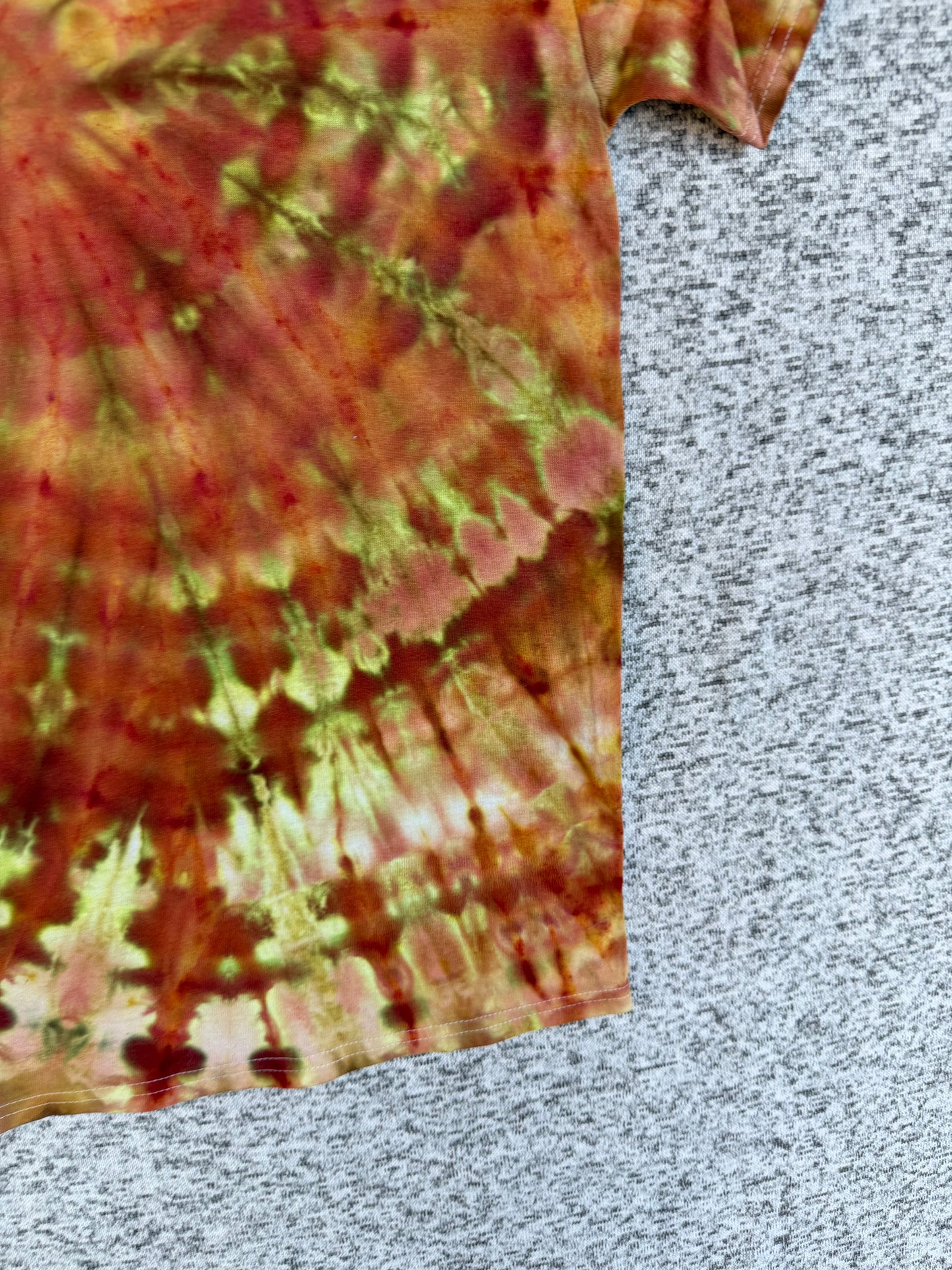 MHD Burnt Orange Yellow Olive Green Spiral Ice Dye Tie Dye Short Sleeve Shirt 100% Cotton Size Medium