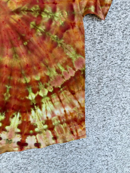 MHD Burnt Orange Yellow Olive Green Spiral Ice Dye Tie Dye Short Sleeve Shirt 100% Cotton Size Medium