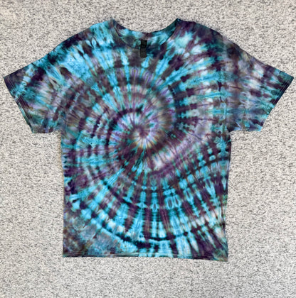 MHD Dark Purple Dark Blue Teal Spiral Ice Dye Tie Dye Short Sleeve Shirt 100% Cotton Size XL