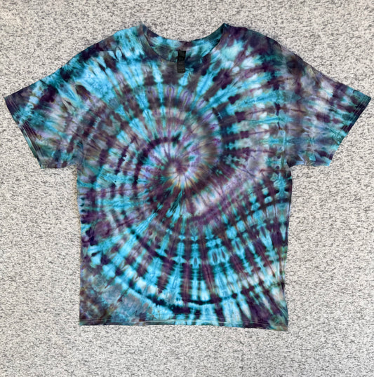 MHD Dark Purple Dark Blue Teal Spiral Ice Dye Tie Dye Short Sleeve Shirt 100% Cotton Size XL