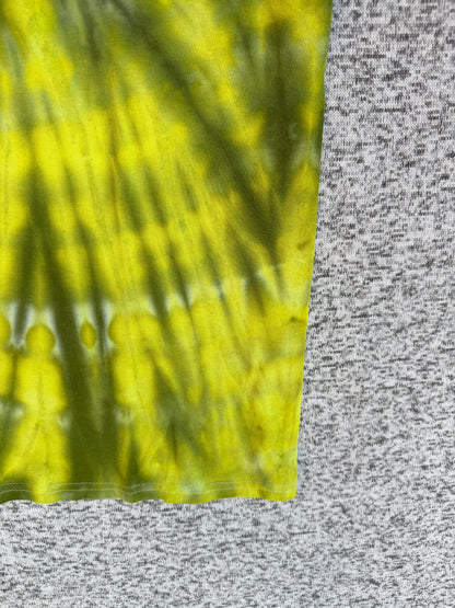 MHD Yellow Dark Green Spiral Ice Dye Tie Dye Short Sleeve Shirt 100% Cotton Size Medium