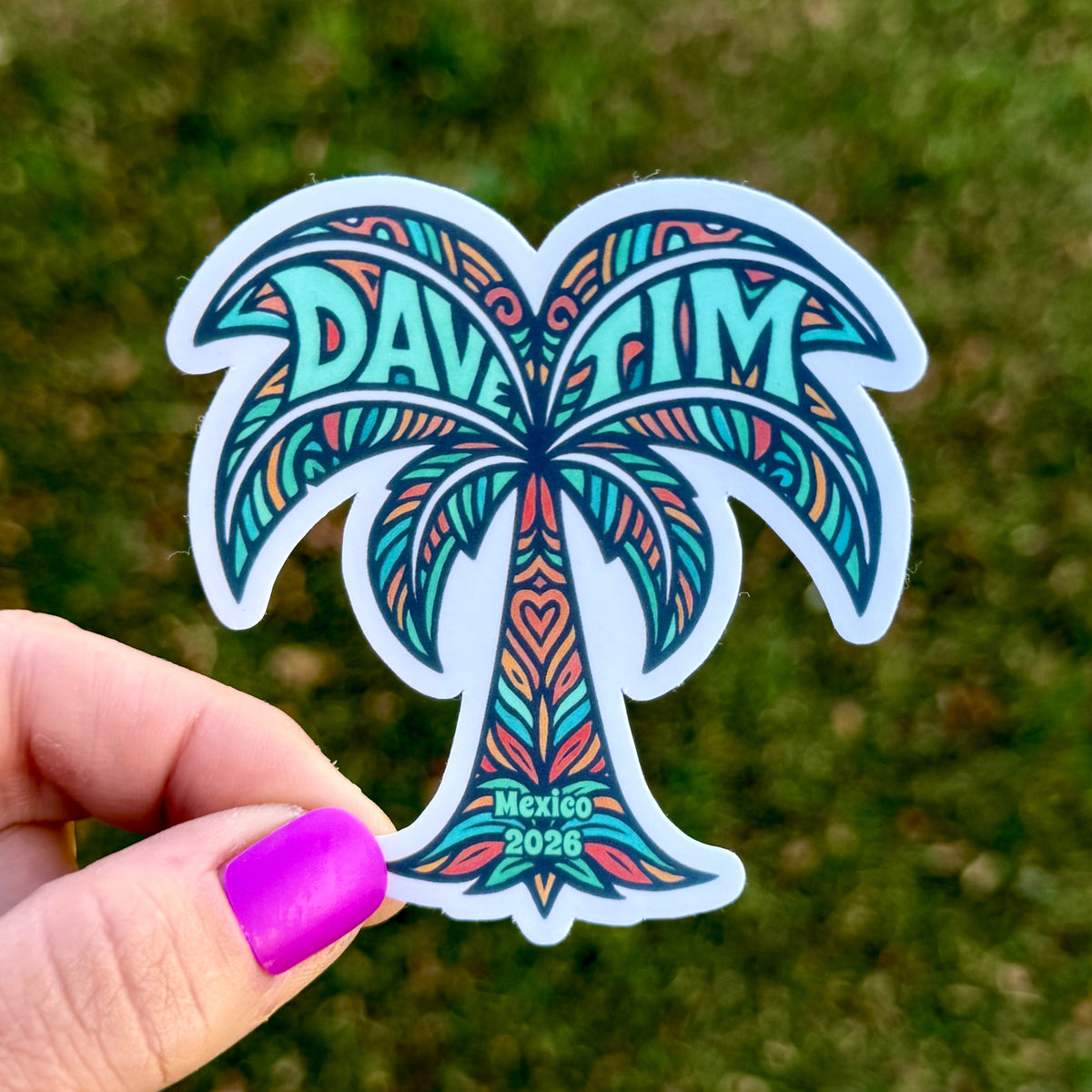 Dave & Tim Mexico 2026 Green Teal Bronze Palm Tree Heart Vinyl Sticker Slap 3" x 2.75" Matte Finish