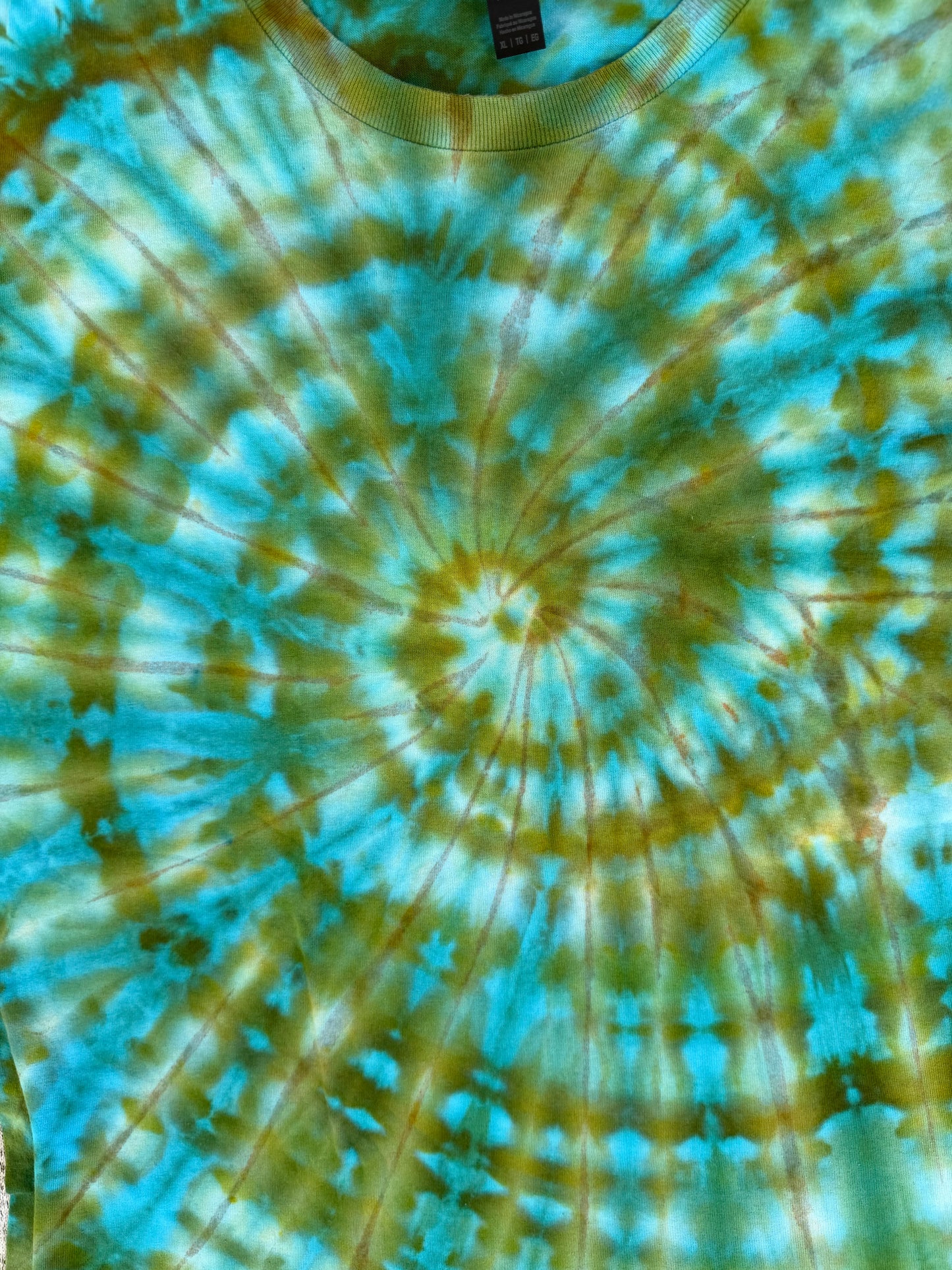 MHD Olive Green Brown Bright Blue Teal Spiral Ice Dye Tie Dye Short Sleeve Shirt 100% Cotton Size XL