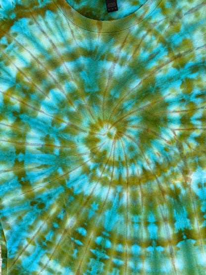 MHD Olive Green Brown Bright Blue Teal Spiral Ice Dye Tie Dye Short Sleeve Shirt 100% Cotton Size XL