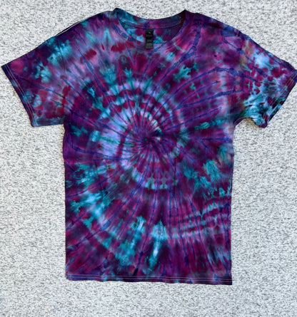 MHD Purple Navy Blue Teal Spiral Ice Dye Tie Dye Short Sleeve Shirt 100% Cotton Size Medium