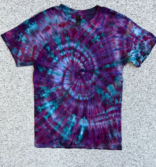 MHD Purple Navy Blue Teal Spiral Ice Dye Tie Dye Short Sleeve Shirt 100% Cotton Size Medium