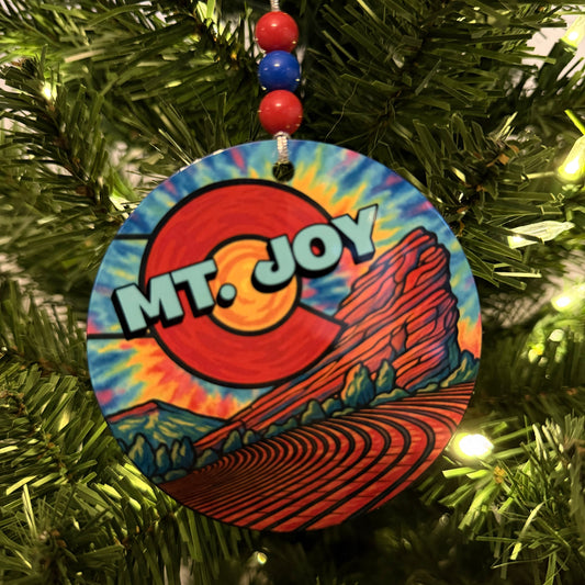 Mt. Joy Red Rocks Colorado Blue Yellow Red Metal Holiday Christmas Ornament with Beads with Gift Box 2 Sizes: 2.75" x 2.75" or 3.5" x 3.5"