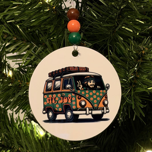 Mt. Joy Astrovan Retro Green Orange Hippie Van Metal Holiday Christmas Ornament with Beads with Gift Box 2 Sizes: 2.75" x 2.75" or 3.5" x 3.5"
