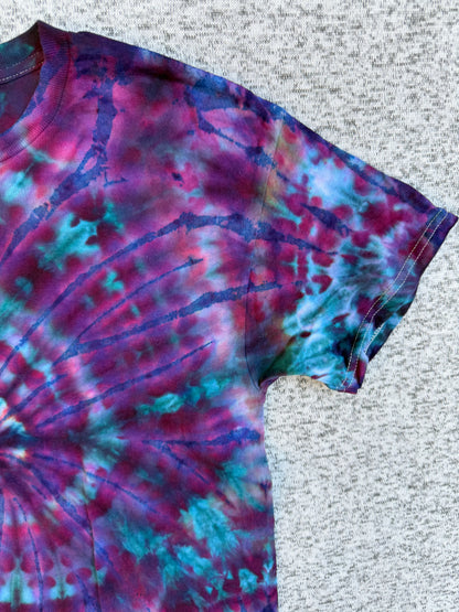 MHD Purple Navy Blue Teal Spiral Ice Dye Tie Dye Short Sleeve Shirt 100% Cotton Size Medium