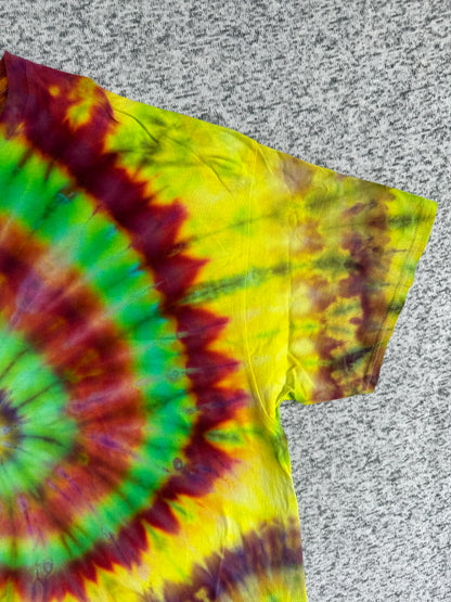 MHD Yellow Lime Green Dark Red Orange Spiral Ice Dye Tie Dye Short Sleeve Shirt 100% Cotton Size XXL