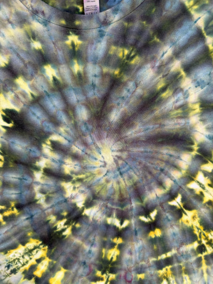 MHD Dark Green Yellow Blue Spiral Ice Dye Tie Dye Short Sleeve Shirt 100% Cotton Size Large