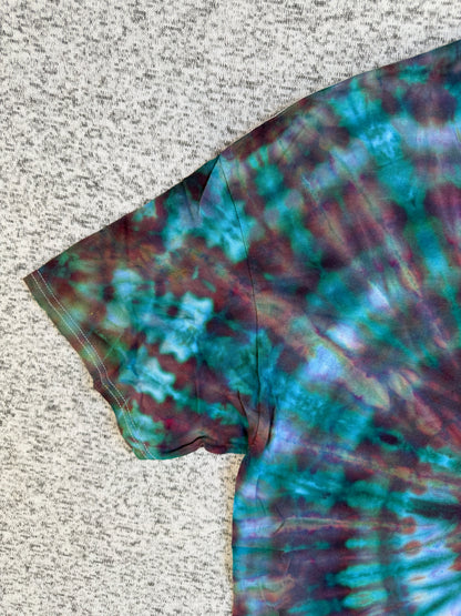 MHD Dark Purple Navy Blue Green Teal Spiral Ice Dye Tie Dye Short Sleeve Shirt 100% Cotton Size XL