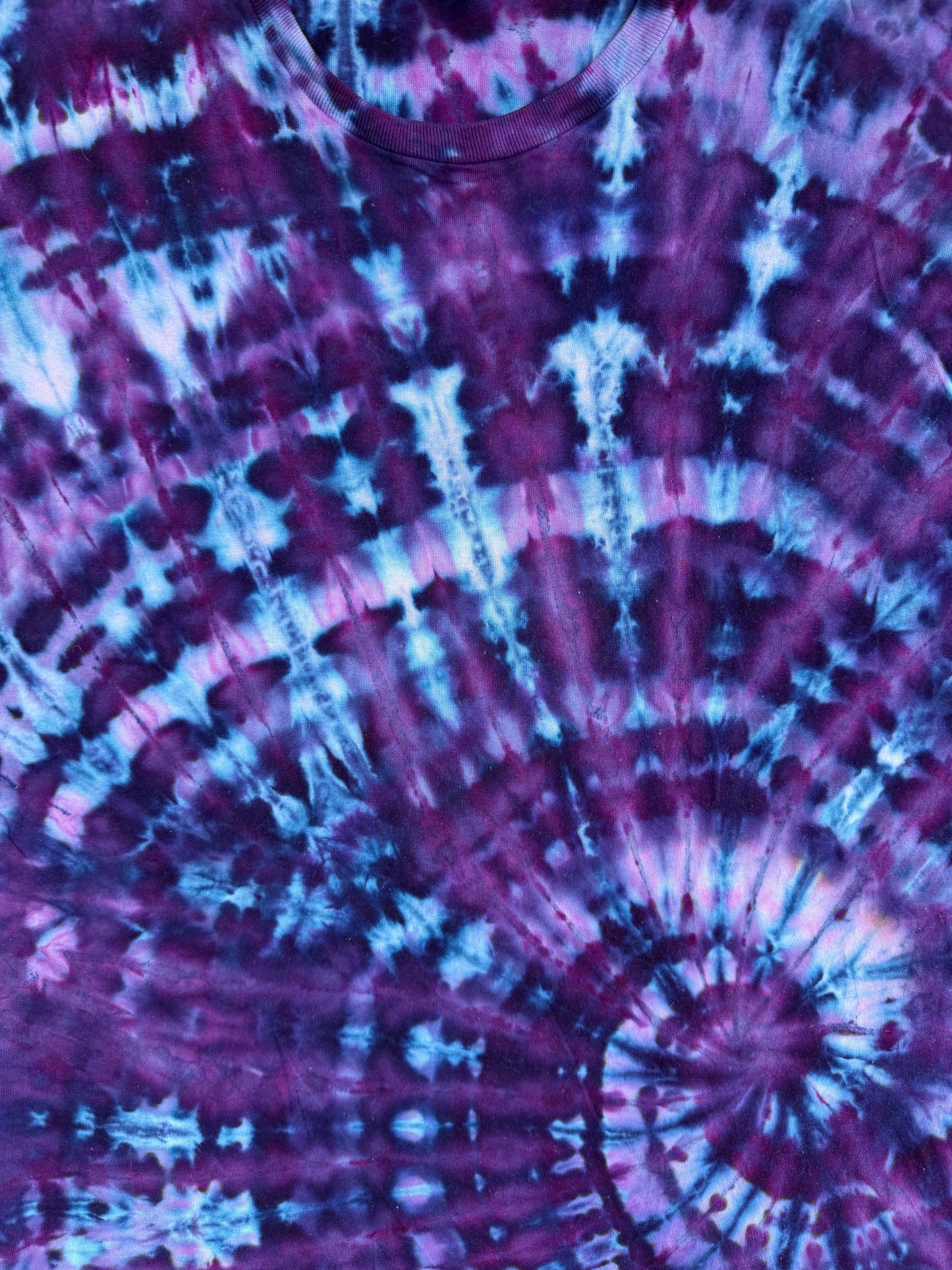 MHD Dark Puple Navy Blue Lavendar Light Blue Spiral Ice Dye Tie Dye Short Sleeve Shirt 100% Cotton Size XXL