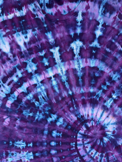 MHD Dark Puple Navy Blue Lavendar Light Blue Spiral Ice Dye Tie Dye Short Sleeve Shirt 100% Cotton Size XXL