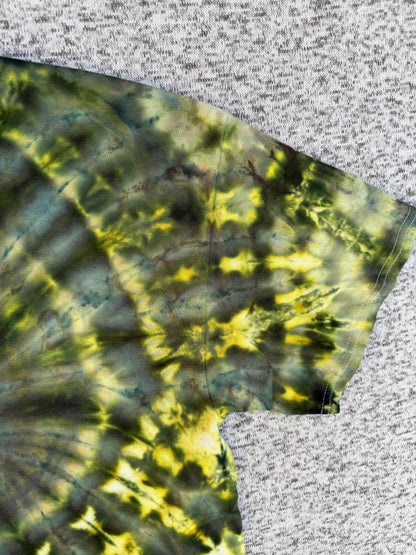 MHD Dark Green Yellow Blue Spiral Ice Dye Tie Dye Short Sleeve Shirt 100% Cotton Size Large