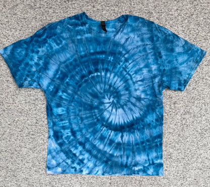 MHD Denim Blue Light Blue White Spiral Ice Dye Tie Dye Short Sleeve Shirt 100% Cotton Size XXL