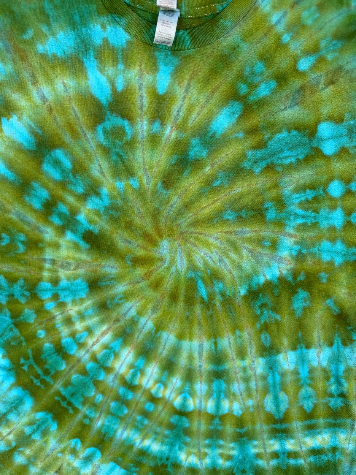 MHD Hunter Green Olive Green Teal Bright Blue Spiral Ice Dye Tie Dye Short Sleeve Shirt 100% Cotton Size XXL