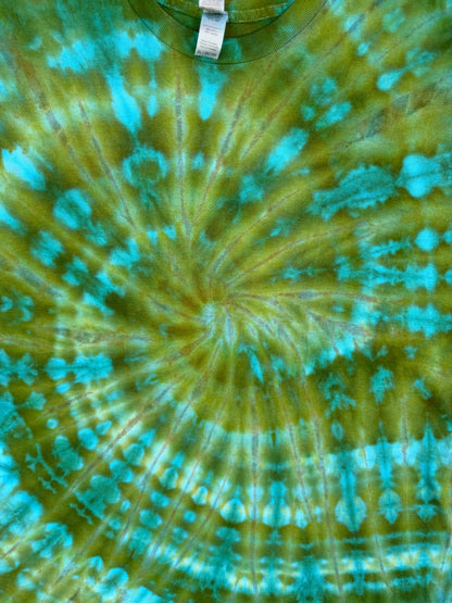 MHD Hunter Green Olive Green Teal Bright Blue Spiral Ice Dye Tie Dye Short Sleeve Shirt 100% Cotton Size XXL