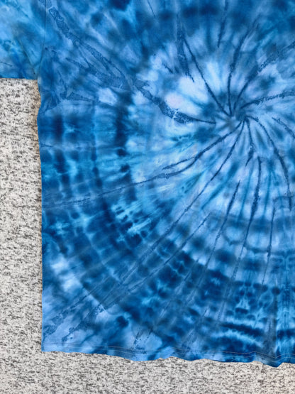 MHD Dark Blue Light Blue White Spiral Ice Dye Tie Dye Short Sleeve Shirt 100% Cotton Size XL