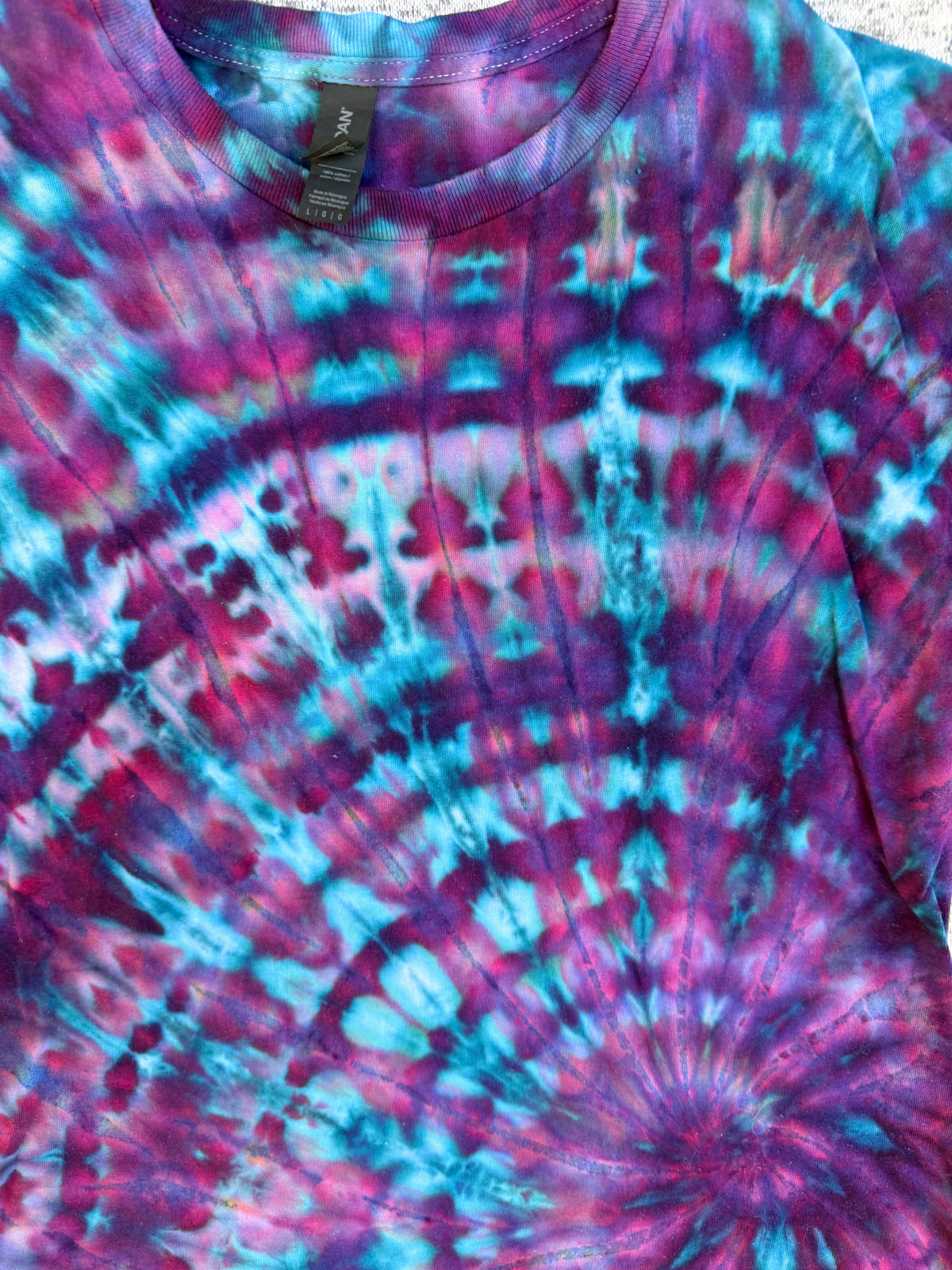 MHD Dark Purple Navy Blue Teal Lavender Spiral Ice Dye Tie Dye Short Sleeve Shirt 100% Cotton Size Large